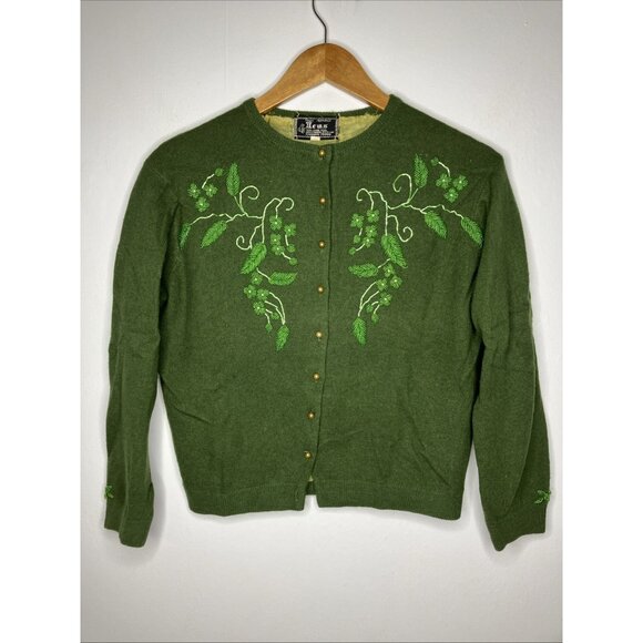 Vintage 50's Wool Angora Cashmere Green Beaded Cardigan Sweater Women’s Small - Picture 1 of 13